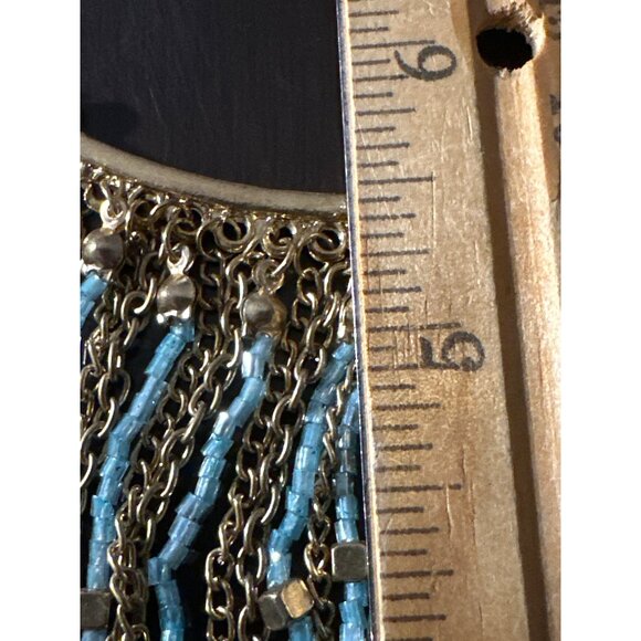 Boho Chic Fringe Bib Necklace Blue Gold Beads Gold Tone Chains Statement - Picture 8 of 9